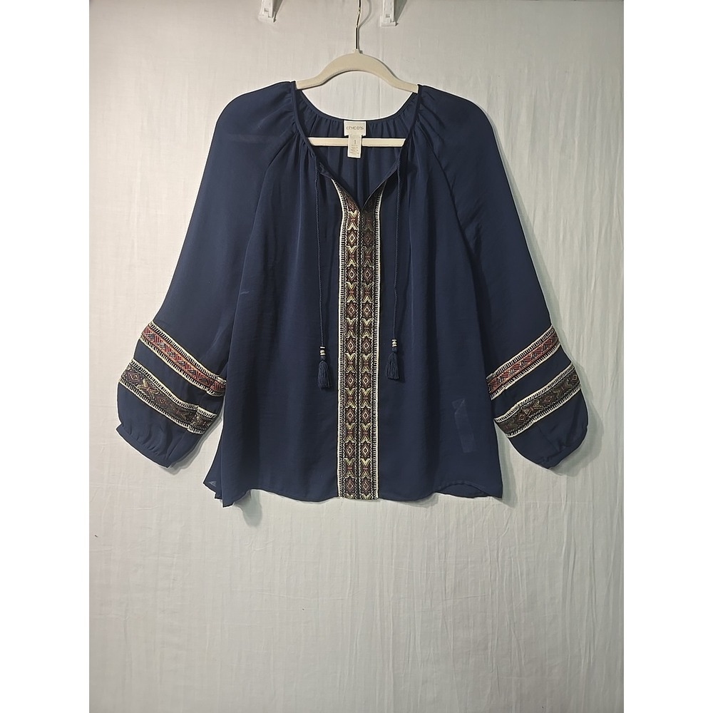 Chico's Boho Top Womens 1 Petite (Med P) Navy Gold Accents Tassels Blouse Sheer